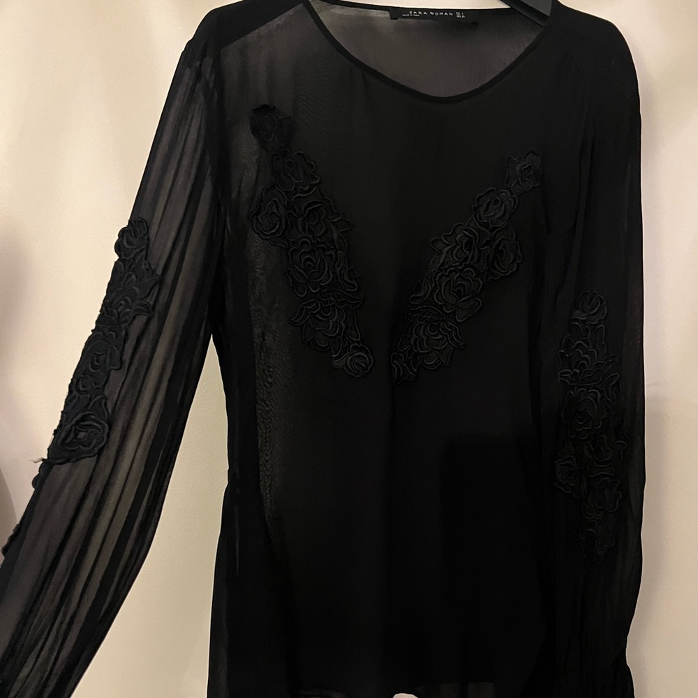 Zara Sheer Blouse with Black Embroidery